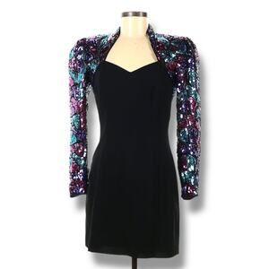 1990s Vintage Lillie Rubin Sequin Embellished LS Cocktail Mini Party Dress Sz 6